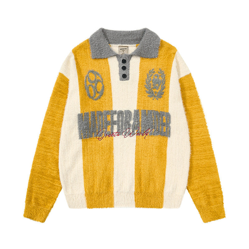 Stripe Embroidery Button Polo Knit Sweater WN24156