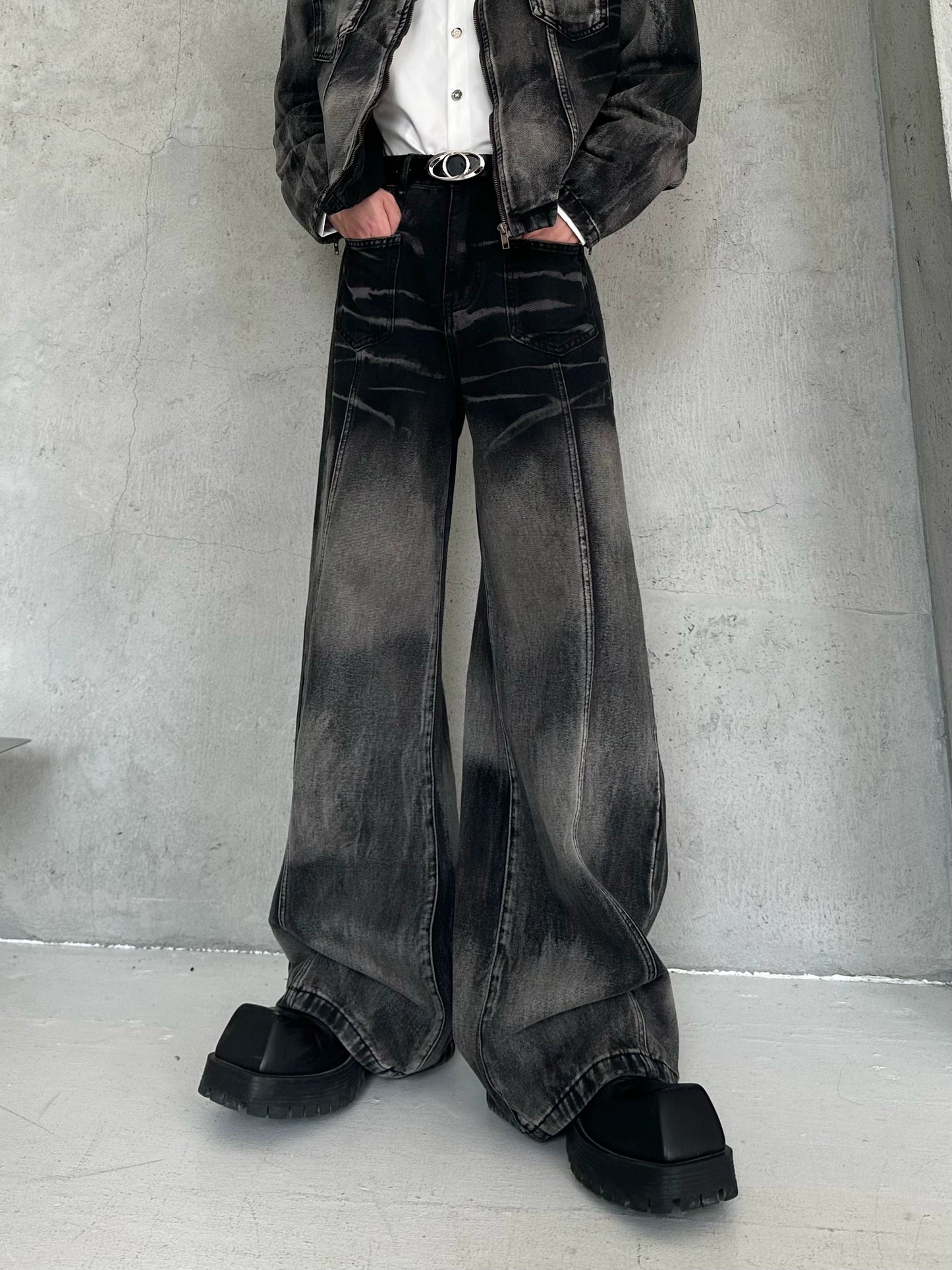 Shoulder-Pad Washed Jacket & Wide-Leg Straight Denim Jeans Setup WN16761