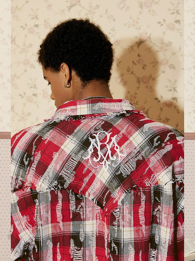 Patchwork Embroidery Plaid Oversize Long Sleeve Shirt WN17806