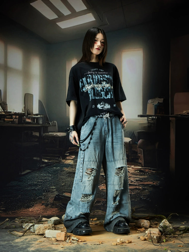 Washed Graphic Letter Print Oversize Short Sleeve T-Shirt WN18495