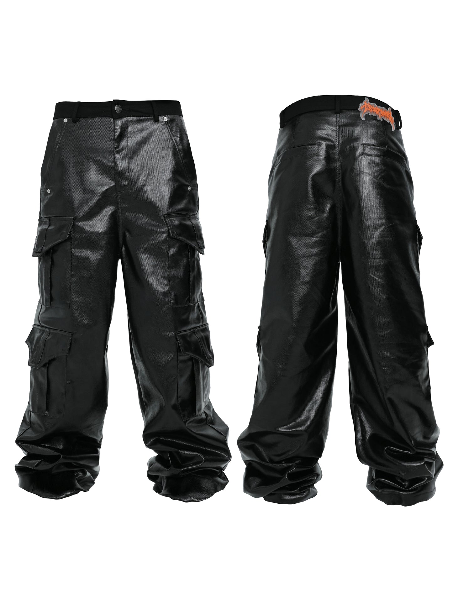Glossy Coated Multi-Pocket Wide Leg Cargo Pants WN17249