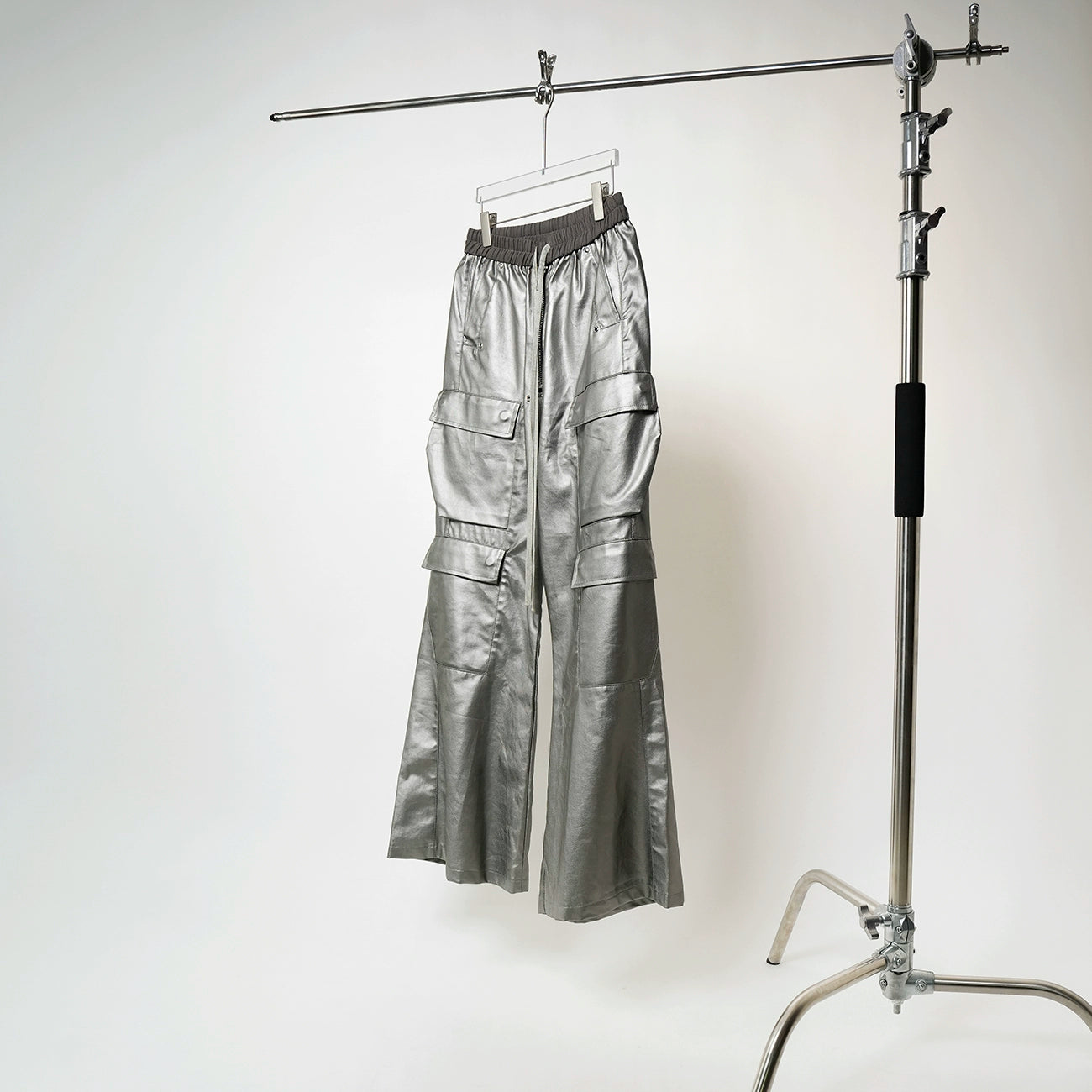 Matte Silver Waxed Coating Wide Leg Cargo Denim Jeans WN17431