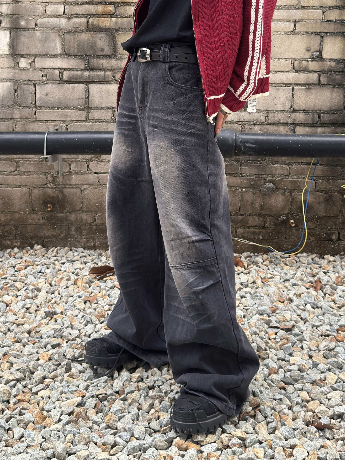 Heavyweight Wash Pleats Flare Denim Jeans WN22995