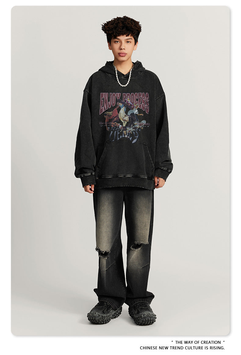 Washed Oversize Skateboard Print Hoodie WN7819