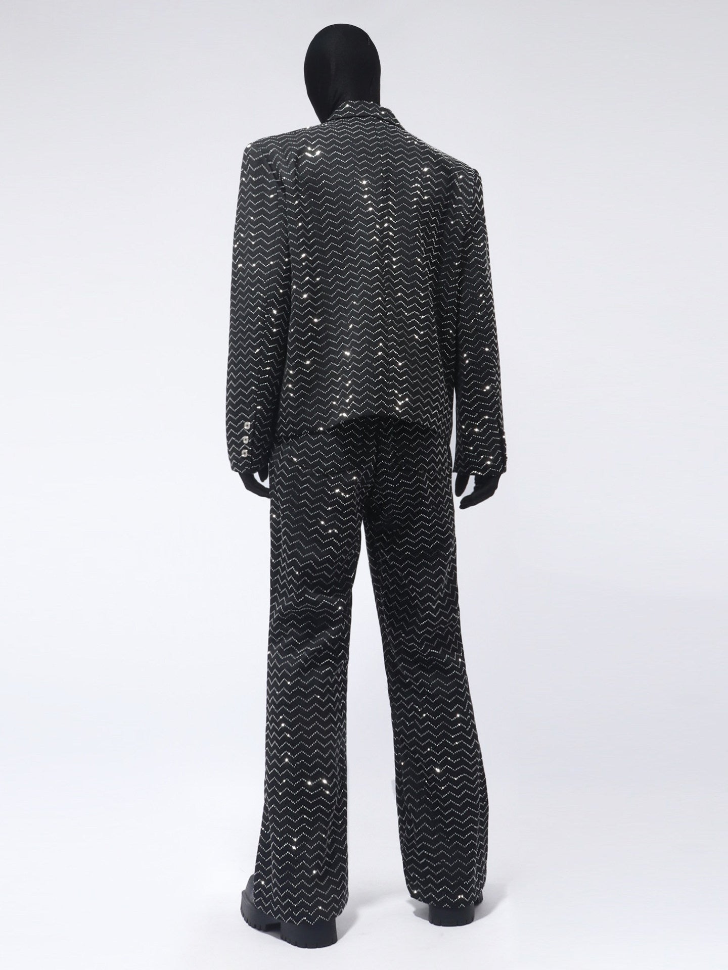 Rhinestone Short Tailored Jacket & Bead Flare Trousers Setup WN23736