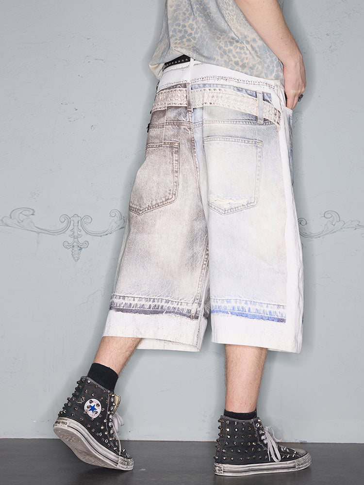 3D Print Graphic Design Block Badge Denim Half Jeans WN17859