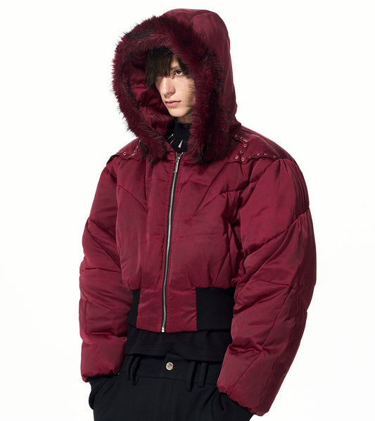 Fake Fur Hooded Studs Puffer Jacket WN22695