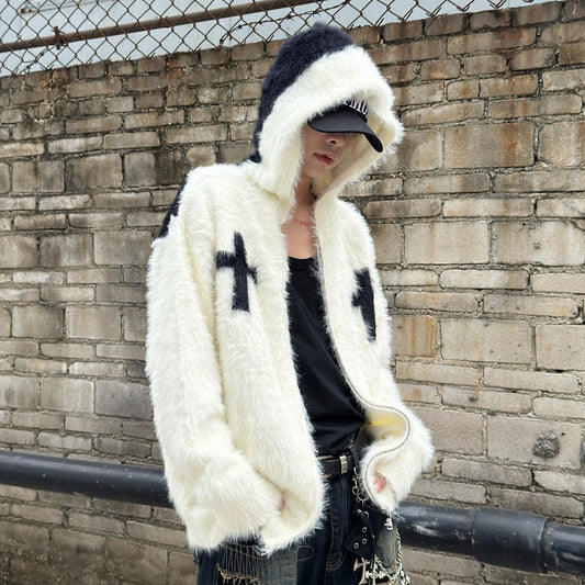 Cross Fake Mohair Oversize Zipper Hoodie WN22989