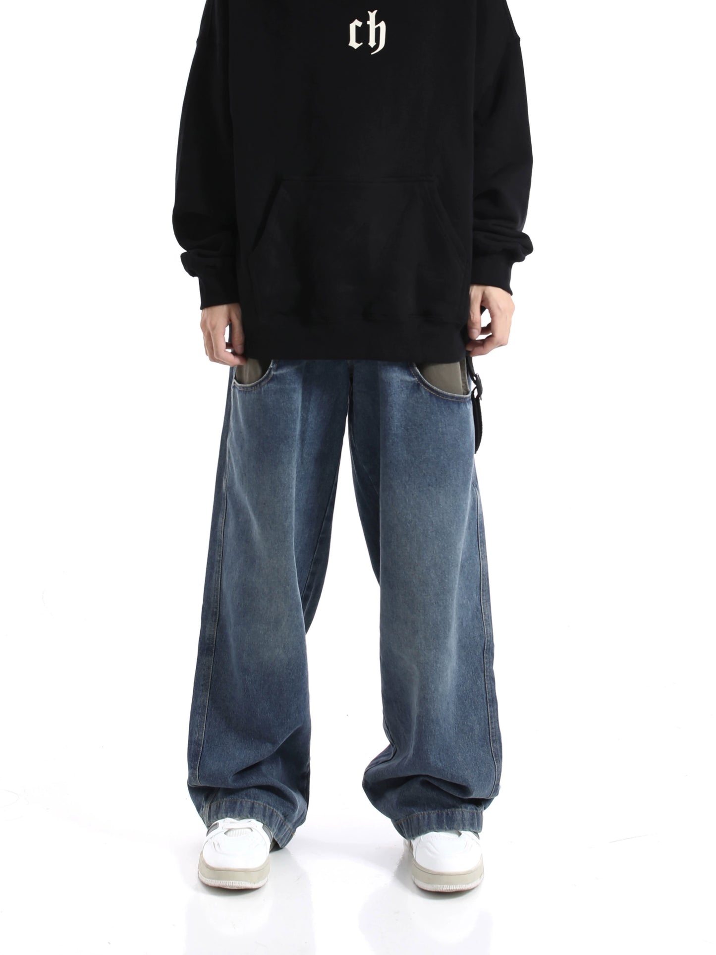 Multi Pocket Patchwork Wide-Leg Straight Denim Jeans WN5704