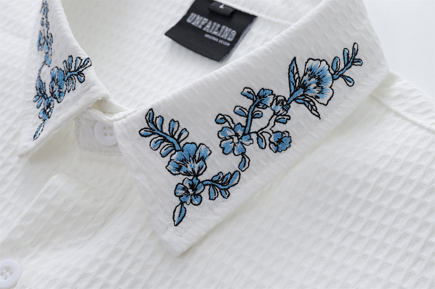 Floral Embroidery Waffle Short Sleeve Shirt WN16201