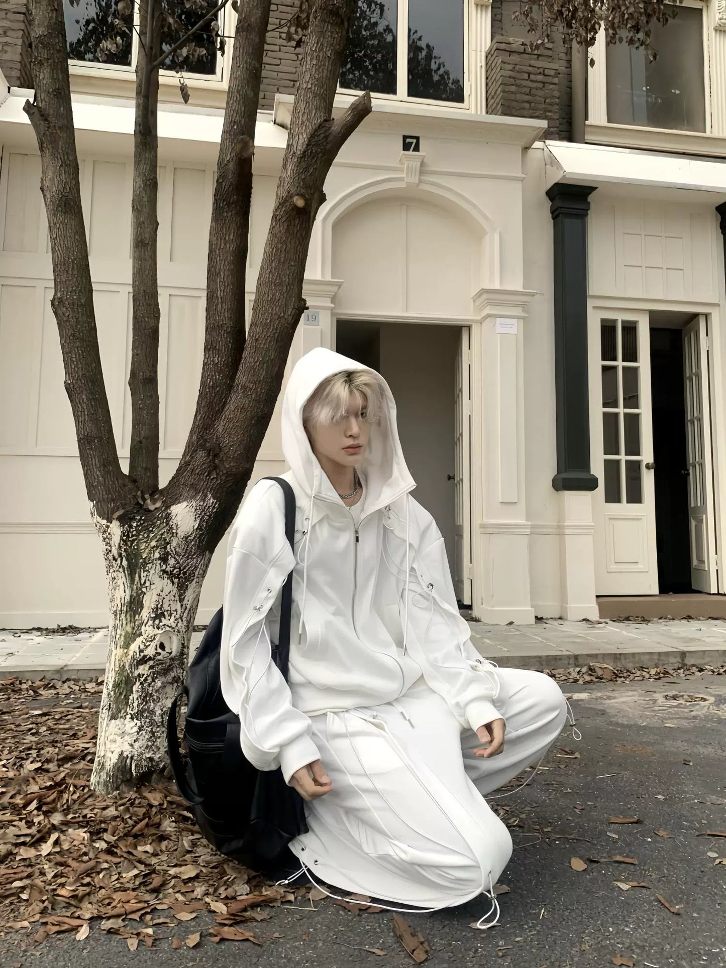 Drawstring Oversize Zipper Hoodie & Drawstring Wide Leg Sweatpants Setup WN19856