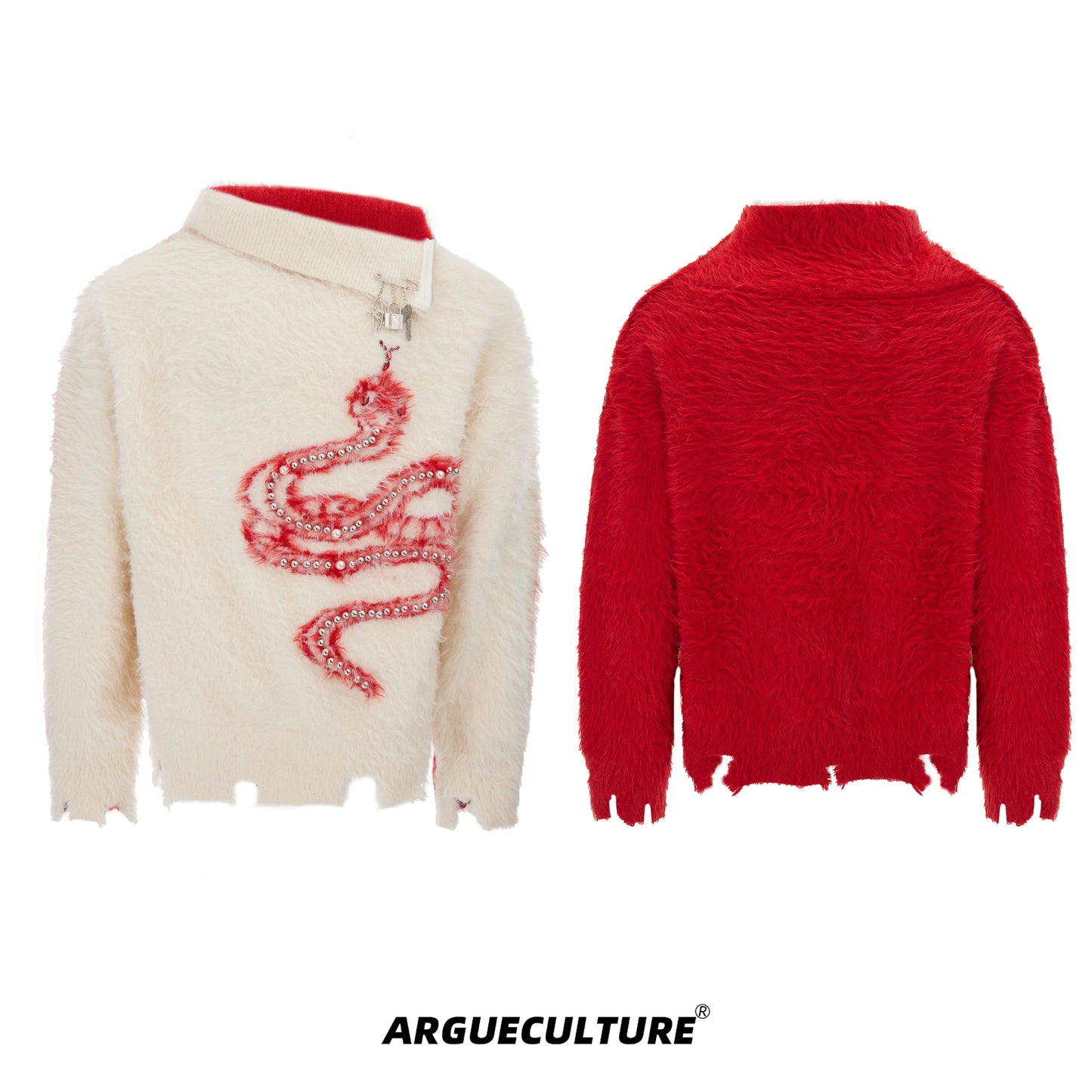 Fake Mink Pearl-Embellished High-Neck Knit Sweater WN12883