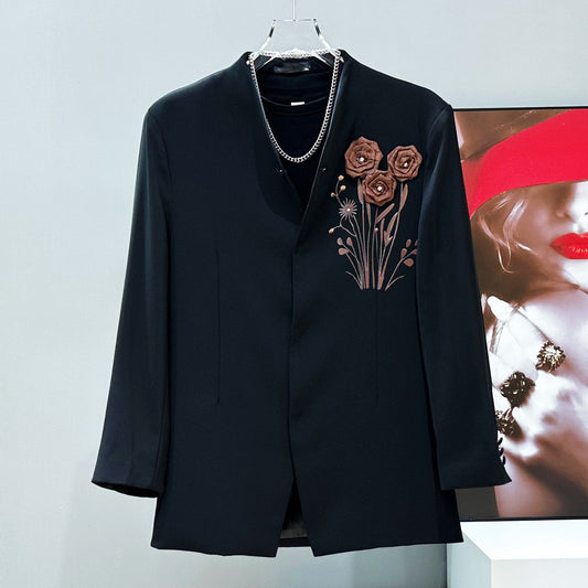 3D Rose Embroidery Tailored Jacket & Wide Leg Trousers Setup WN23875