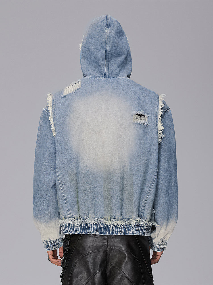 Hooded Fringe Patchwork Mud Dye hooded Denim Jacket WN18002