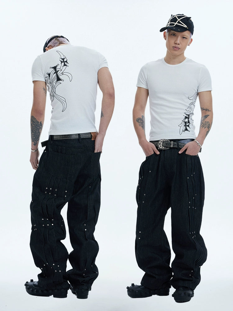 Asymmetric Pleats Rivet Raw Wide Leg Denim Jeans WN17120