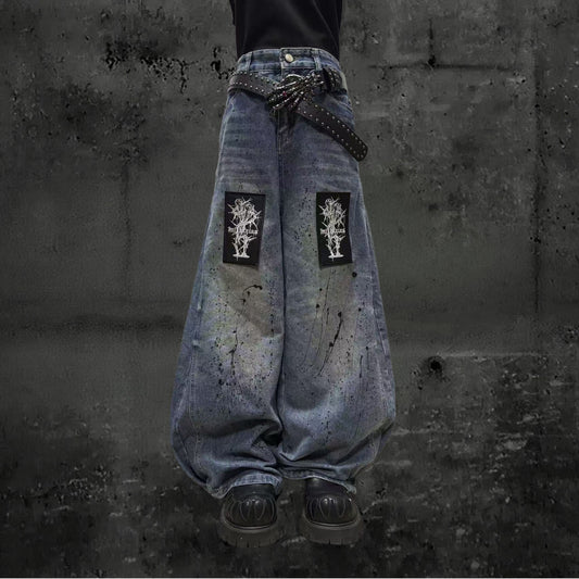 Paint Wash Damage Wide Leg Denim Jeans & Skull Belt & Belt Chain WN23803