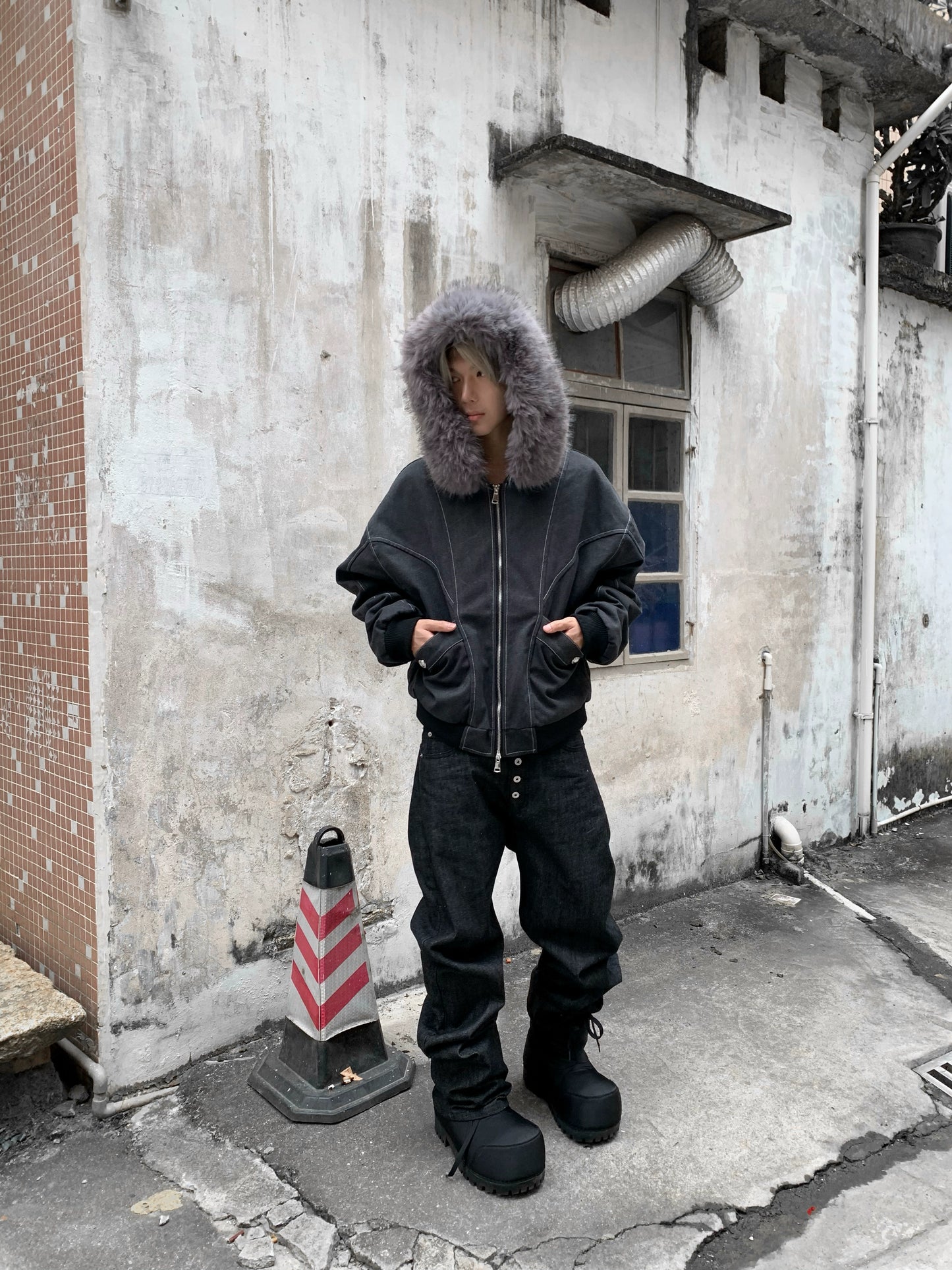 Hooded Fake Fur-Collar Zipper Short Jacket WN22217