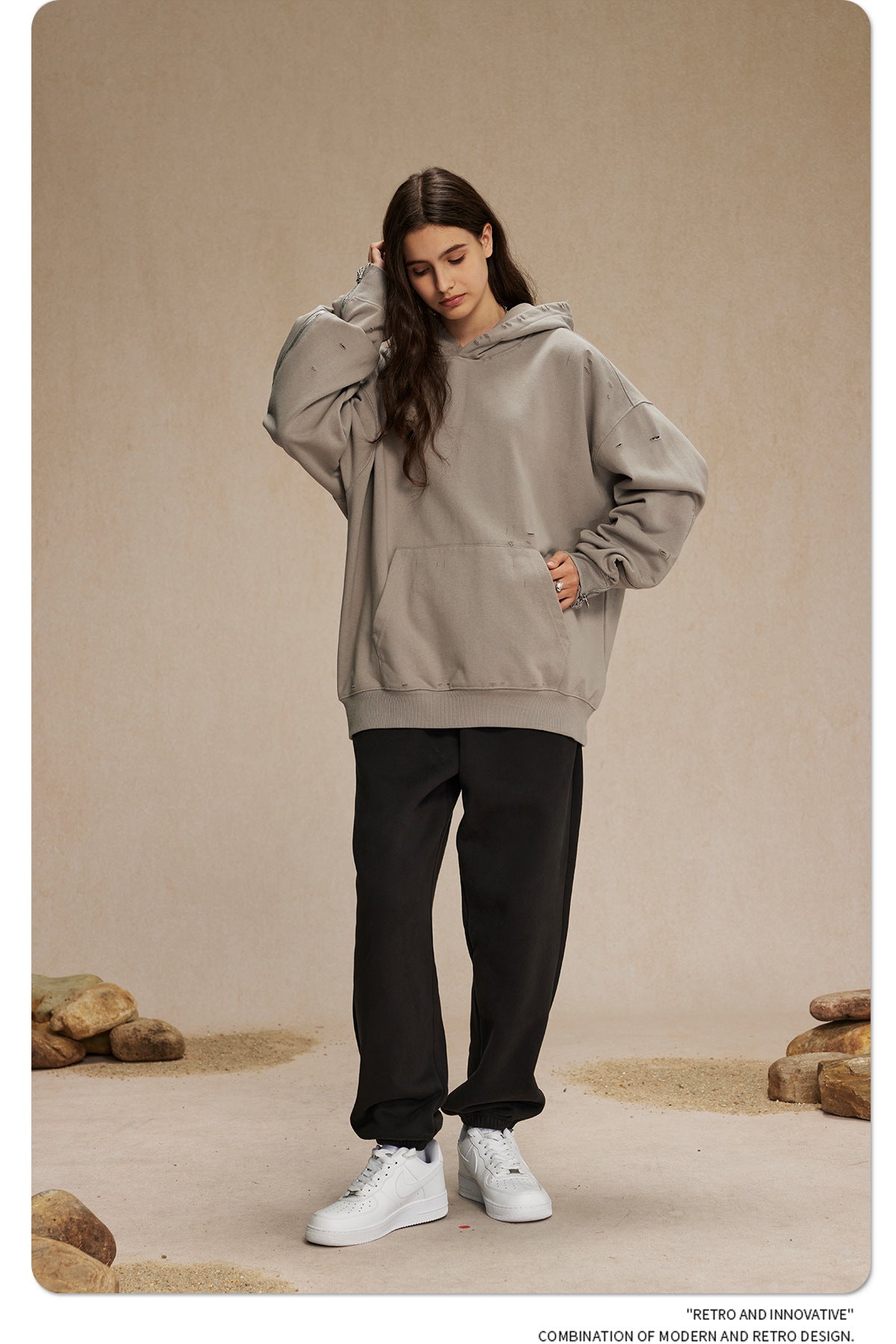 Oversize Zipper Design Damage Hoodie WN9979