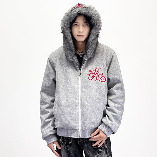 Embroidery Letter Fake Fur Hooded Jacket WN24262