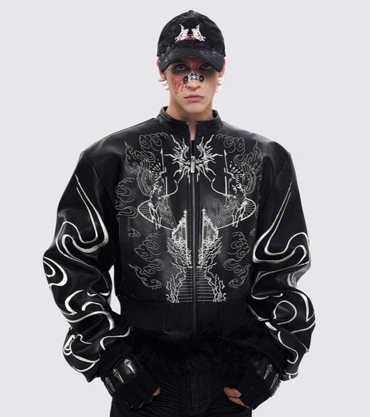Gothic Embroidery Short Sleeve PU Leather Jacket WN28117