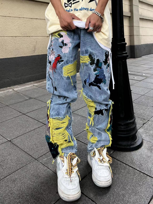 Multi Embroidery Damage Wide Leg Denim Jeans WN24075