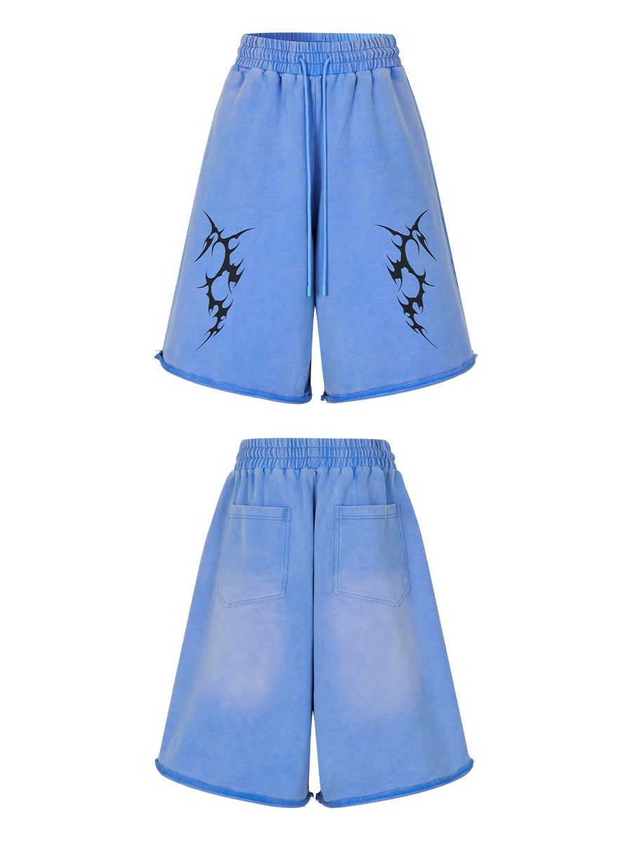 Oversize Washed Print Zipper Hoodie & Wide-leg Half Sweatpants Setup WN18040