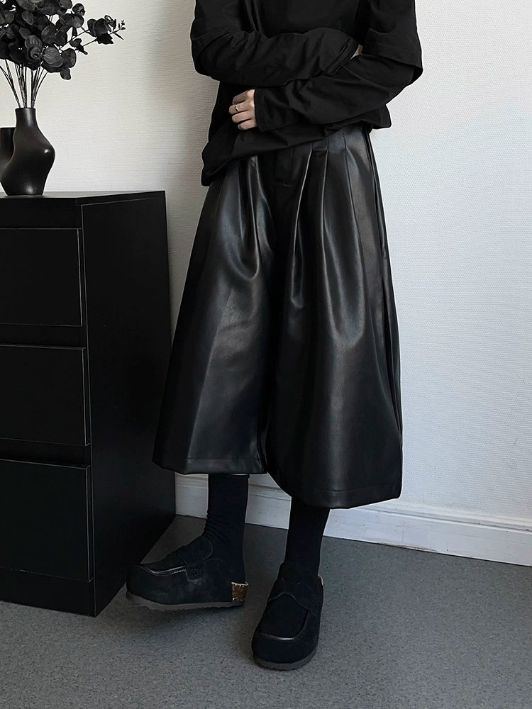 PU Leather Wide Leg Half Pants WN19365