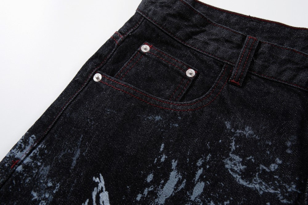 Graffiti Totem Print Wide Leg Denim Jeans WN27881