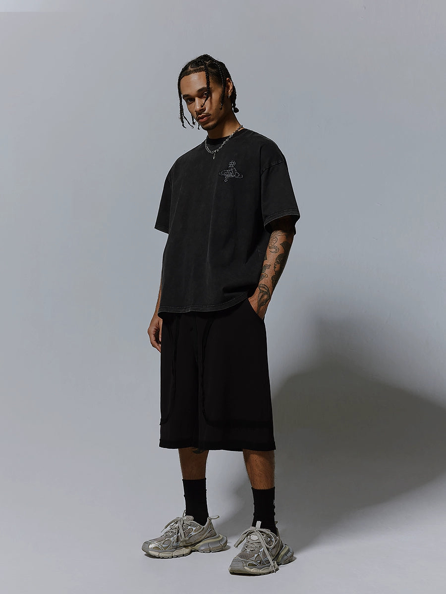 Washed Deconstructed Patchwork Wide Leg Half Pants WN17494