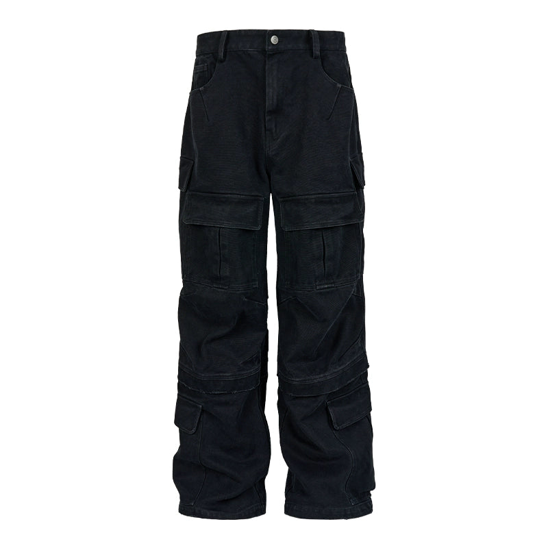 Multi-Pocket Washed 3D Cut Wrinkle Wide Leg Pants WN18069