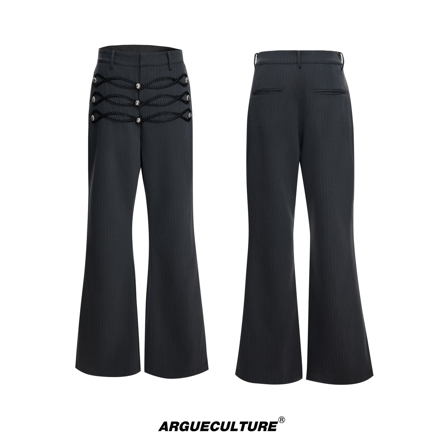 Leather Weave Metal Button Stripe Flare Trousers WN23556