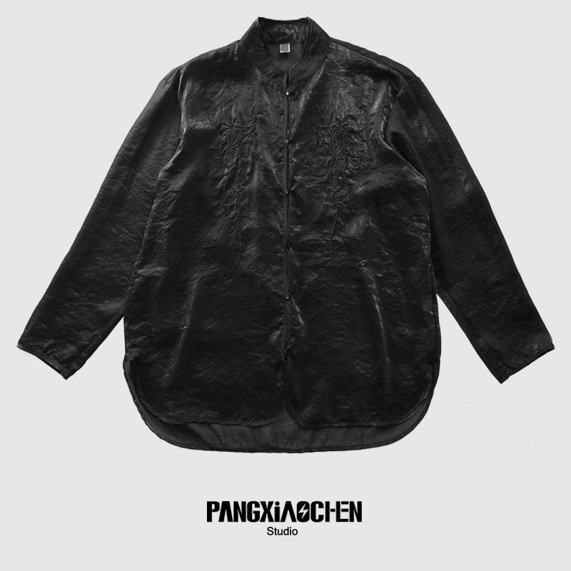 Organza Floral Embroidery Standing-Collar Long Sleeve Shirt WN20175