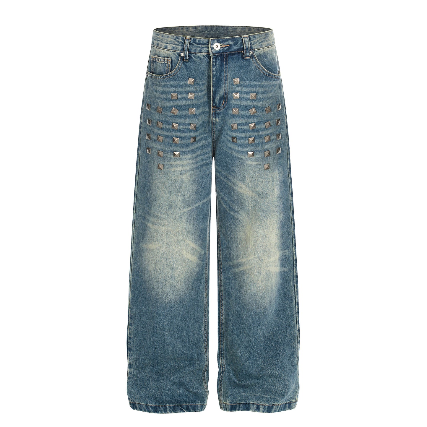 Heavy Metal Stud Whisker Wash Straight Denim Jeans WN22883