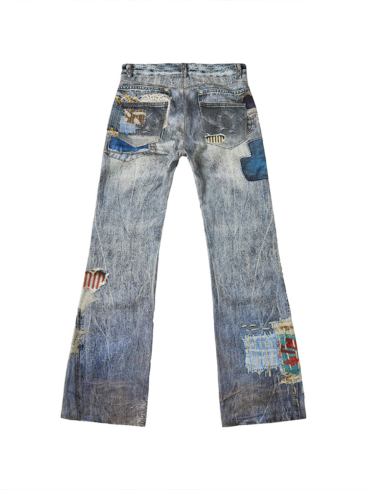 3D Print Damage Applique Flare Denim Jeans WN17896