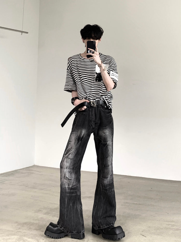 Wrinkled Lightning Pattern Washed Flare Denim Jeans WN15427