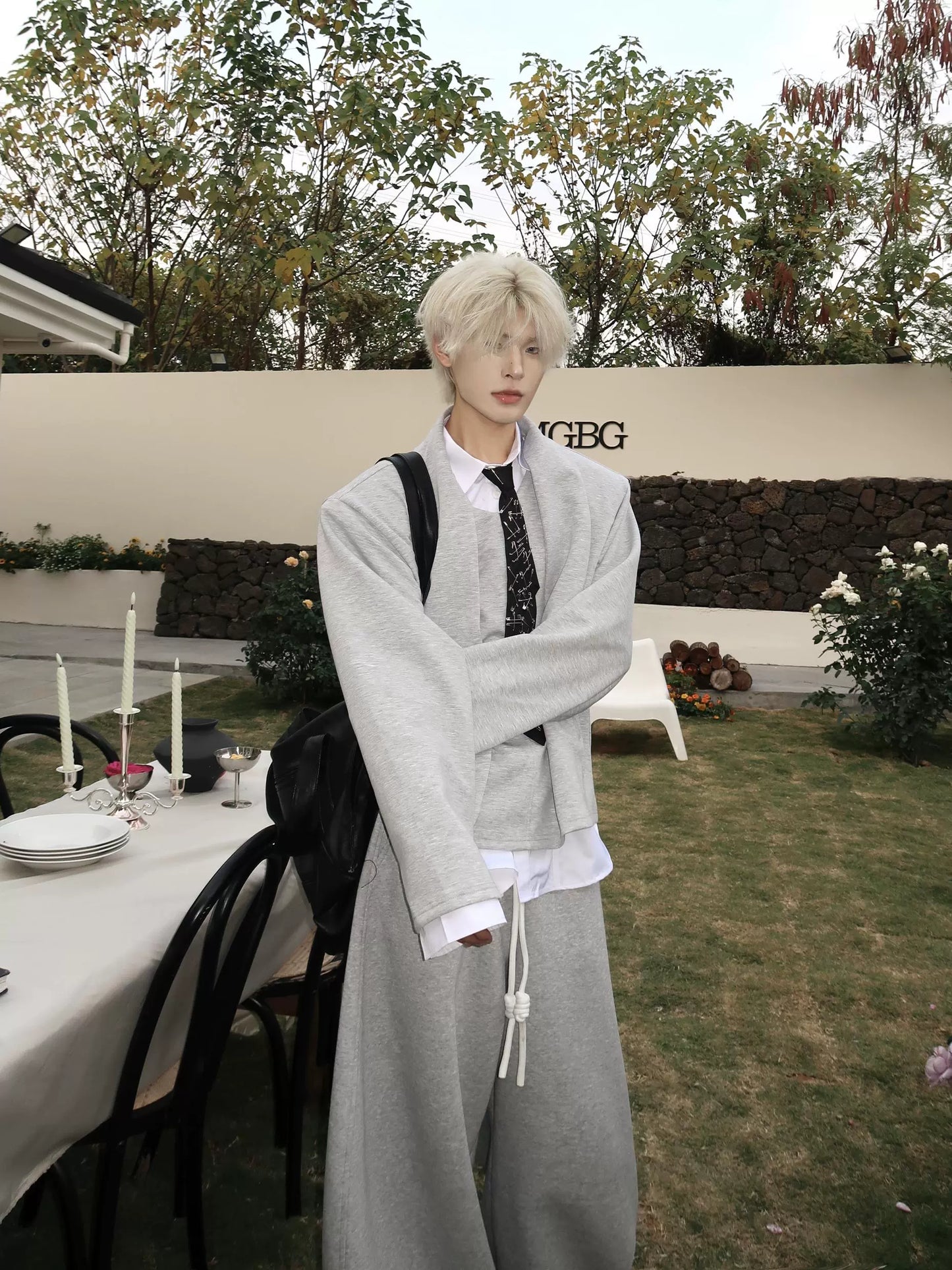 Double Collar Tie Shoulder-Pad Pullover Sweatshirt WN19920