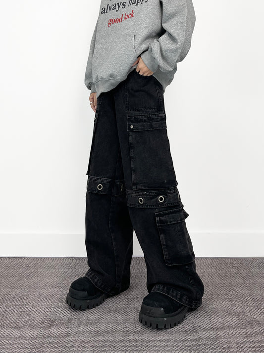 Multi Pocket Strap Detail Wide Leg Denim Jeans WN24289