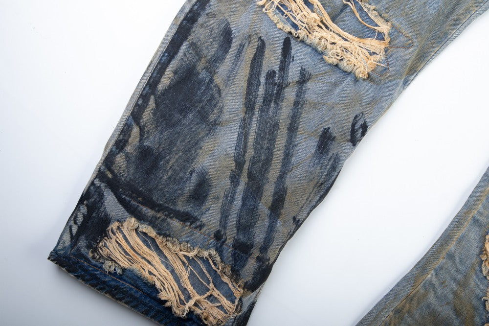Heavy Damage Paint Wide Leg Denim Jeans WN28042