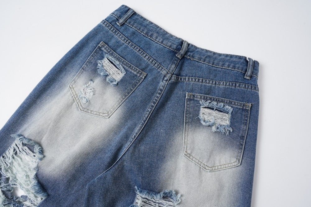 Damage Washed Wide Leg Denim Jeans WN27962