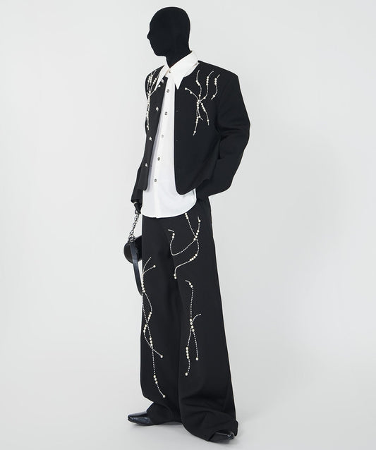 Shoulder-Pad Short Tailored Jacket & Pointed Collar Long Sleeve Shirt & Trousers Setup WN24147