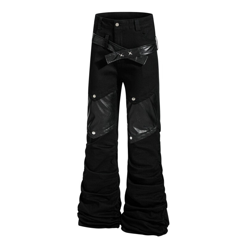 PU Leather Patch Pleats Flare Denim Jeans WN24248