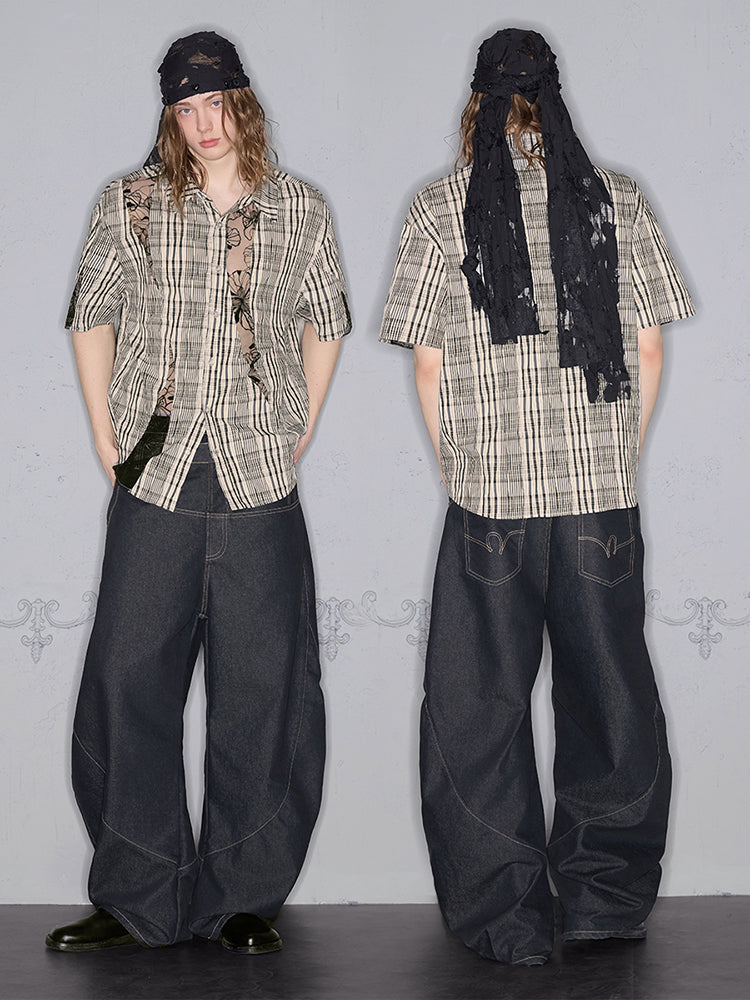 Butterfly Lace Plaid Deconstructed Short Sleeve Shirt WN18014