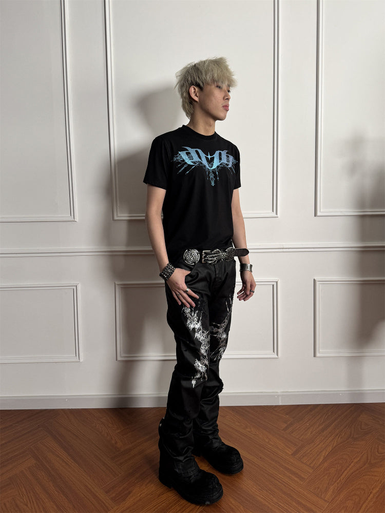 Damage Carving Washed Straight Wax Coating Denim Jeans WN15786