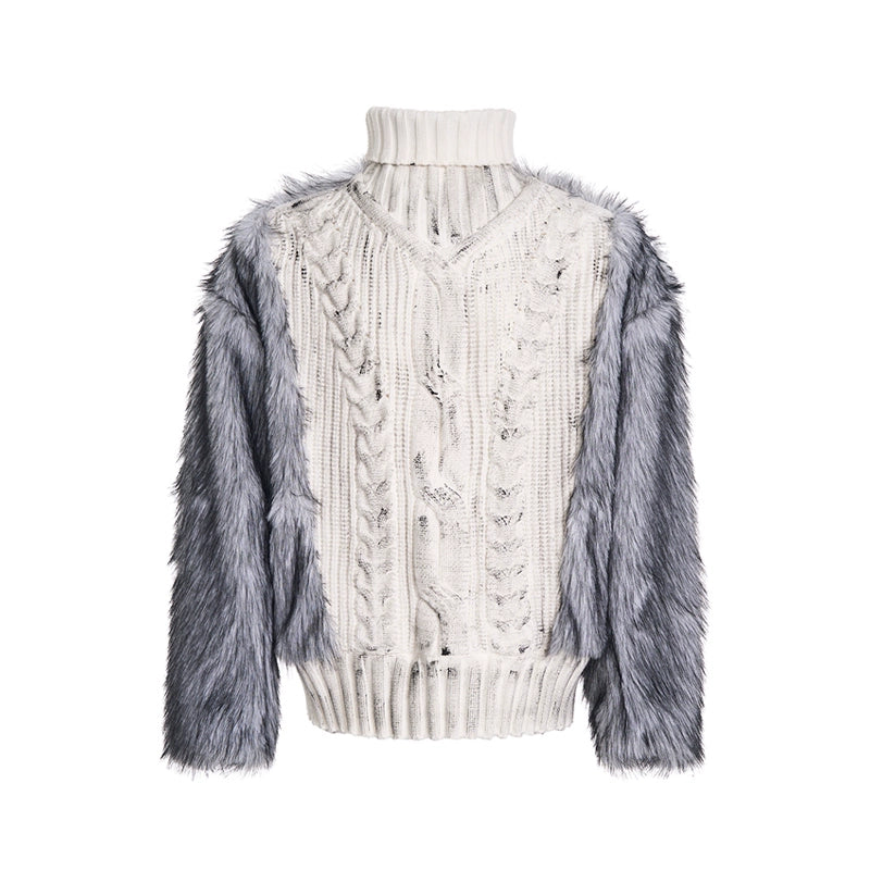 Fake Fur Patchwork High-Neck Knit Sweater WN11686