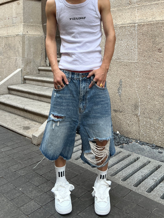 Damage Ripped Wide Leg Denim Half Jeans WN24069