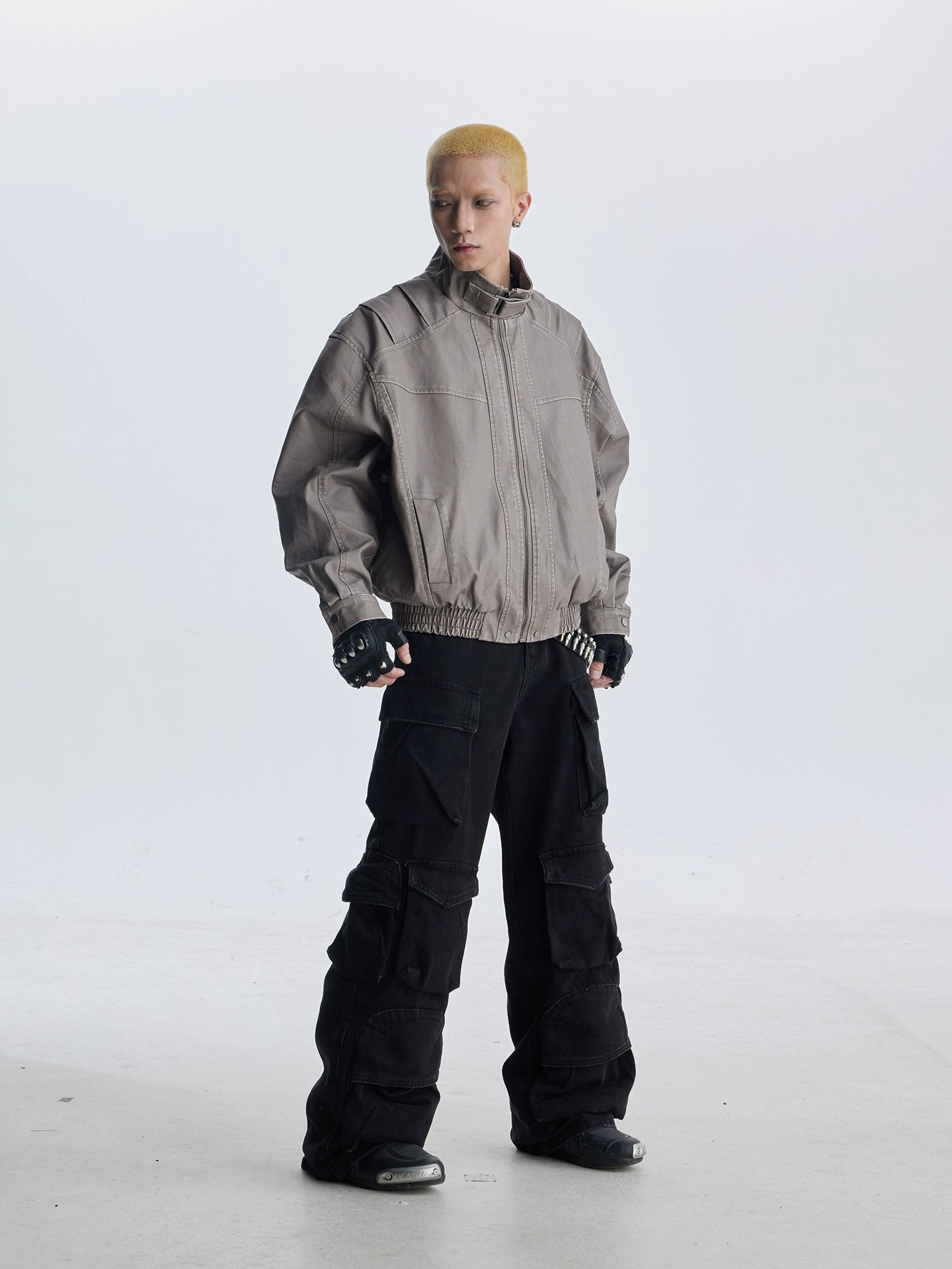 Deconstruction Patchwork Standing-Collar Belt Oversize PU Leather Jacket WN20813