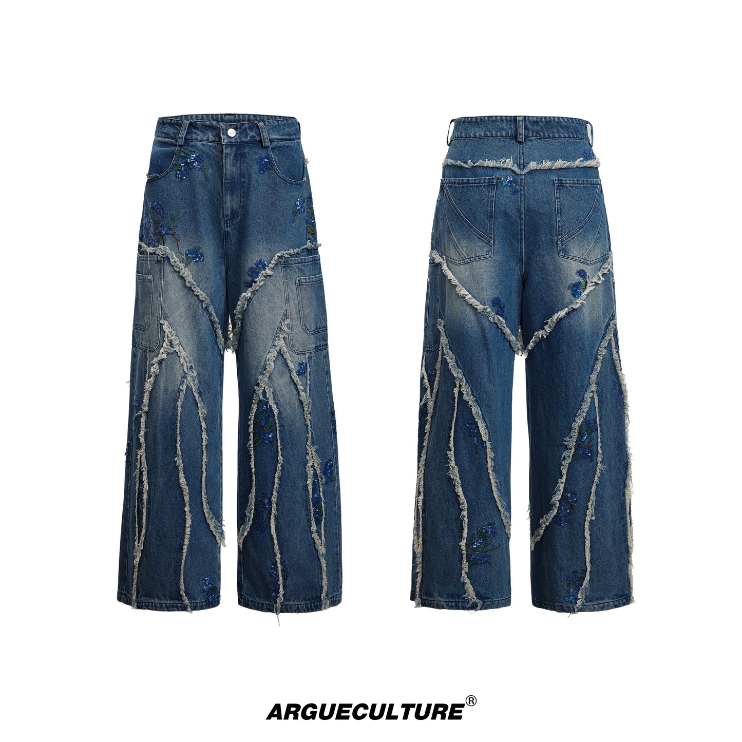 Sequin Embroidery Curved Raw Hem Wide Leg Denim Jeans WN18361