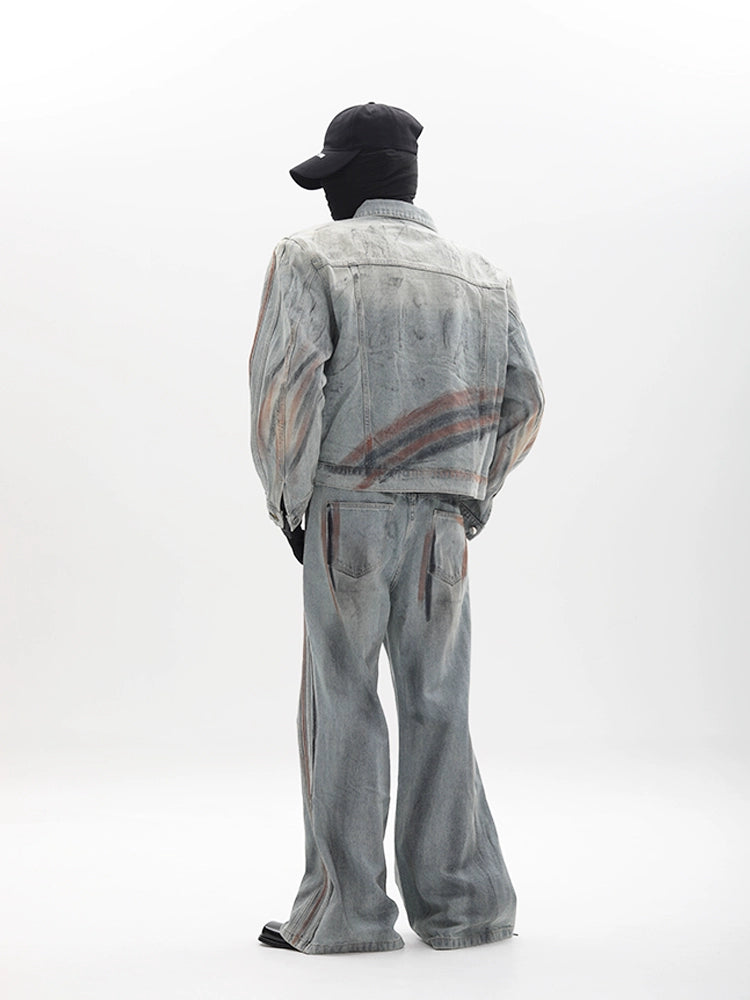 Washed Shoulder-Pad Denim Jacket & Straight Denim Jeans Setup WN18655
