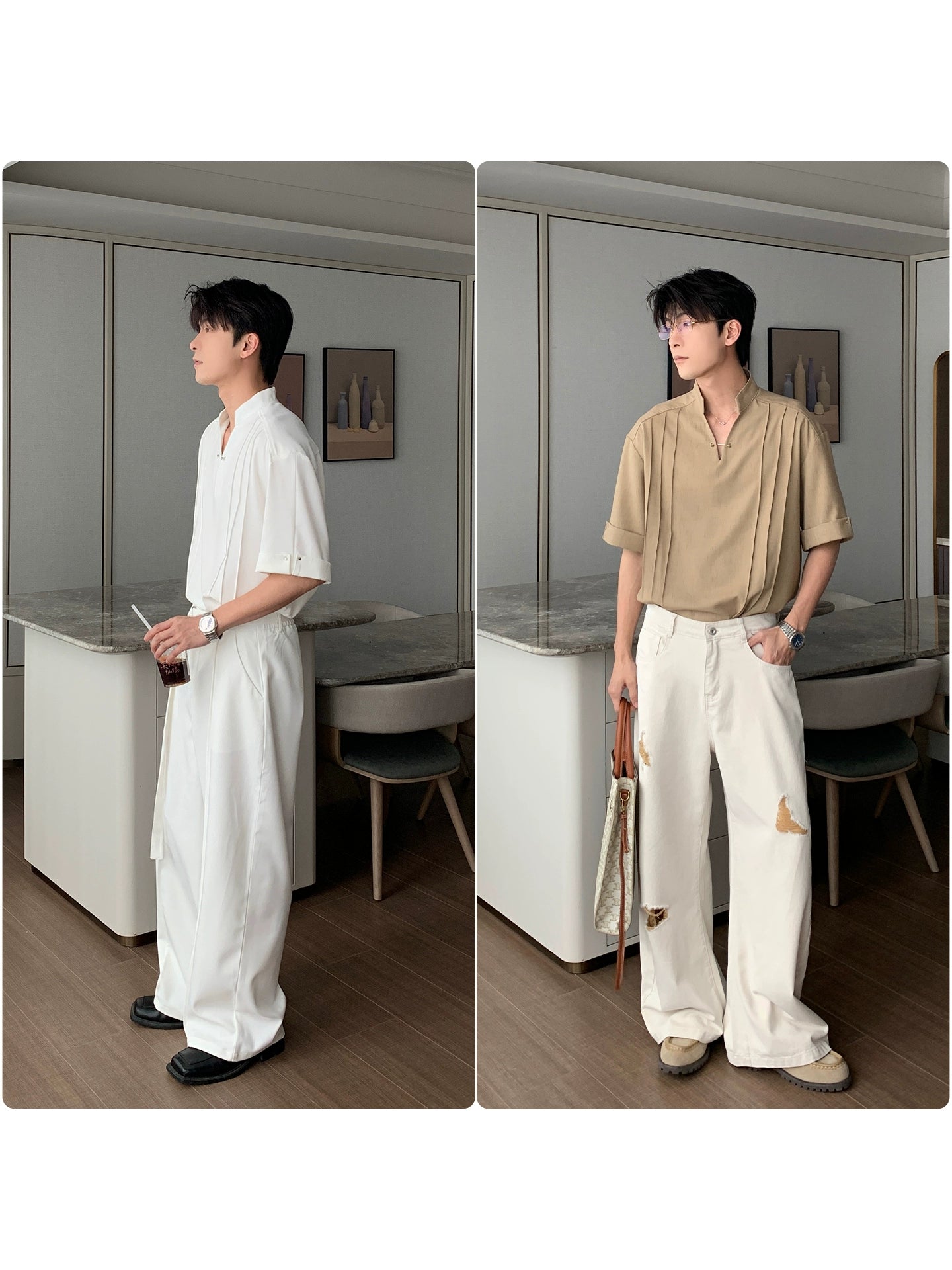 Standing Collar V-Neck Oversize Short Sleeve Polo Shirt WN20453