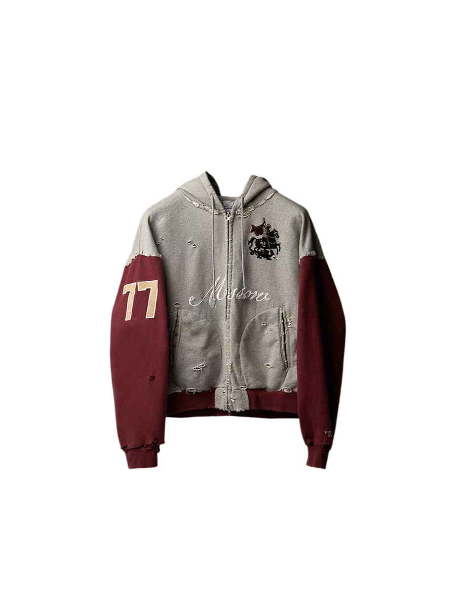 Damage Number Print Embroidery Oversize Zipper Hoodie WN24180
